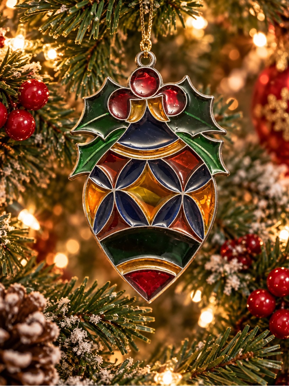 Vintage Christmas Ornament Stained Glass Bulb Window Suncatcher Red Green 4”